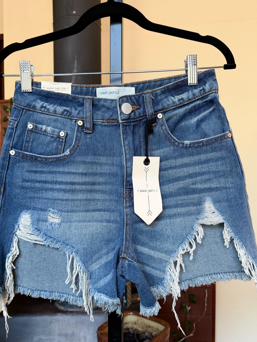 #343- NEW Ban-Jara Distressed High-Rise Denim Shorts - Medium Blue